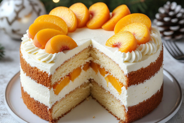 Сладкое чудо Рождества: торт с персиками и нежнейшим творожным кремом — вкусно по-домашнему